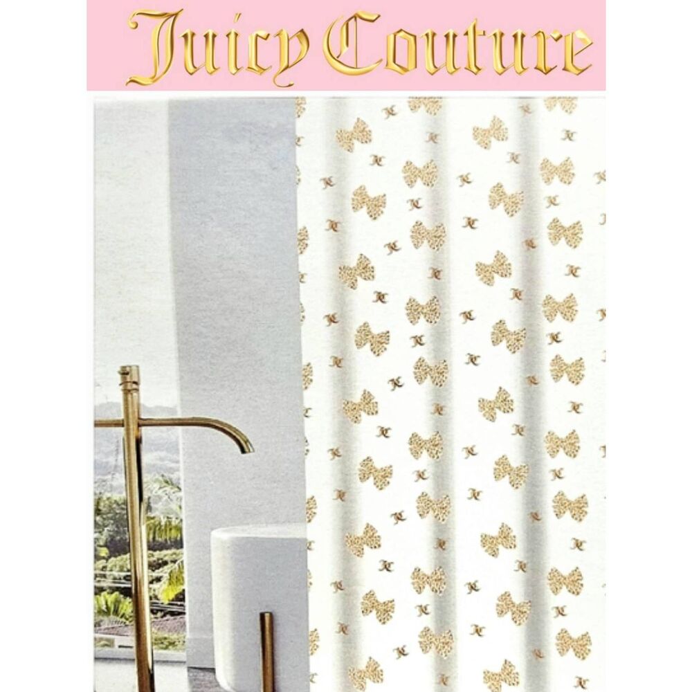 Juicy Couture Home Gold Foil JC Bow Logo Shower Curtain w/Hooks